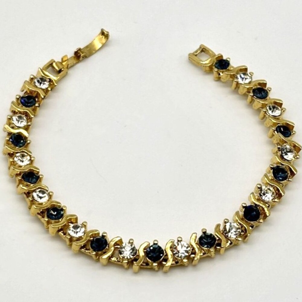 Vintage Gold Tone Metal and Faux Sapphire Faux Diamond Tennis Style Bracelet 80s - Picture 10 of 13
